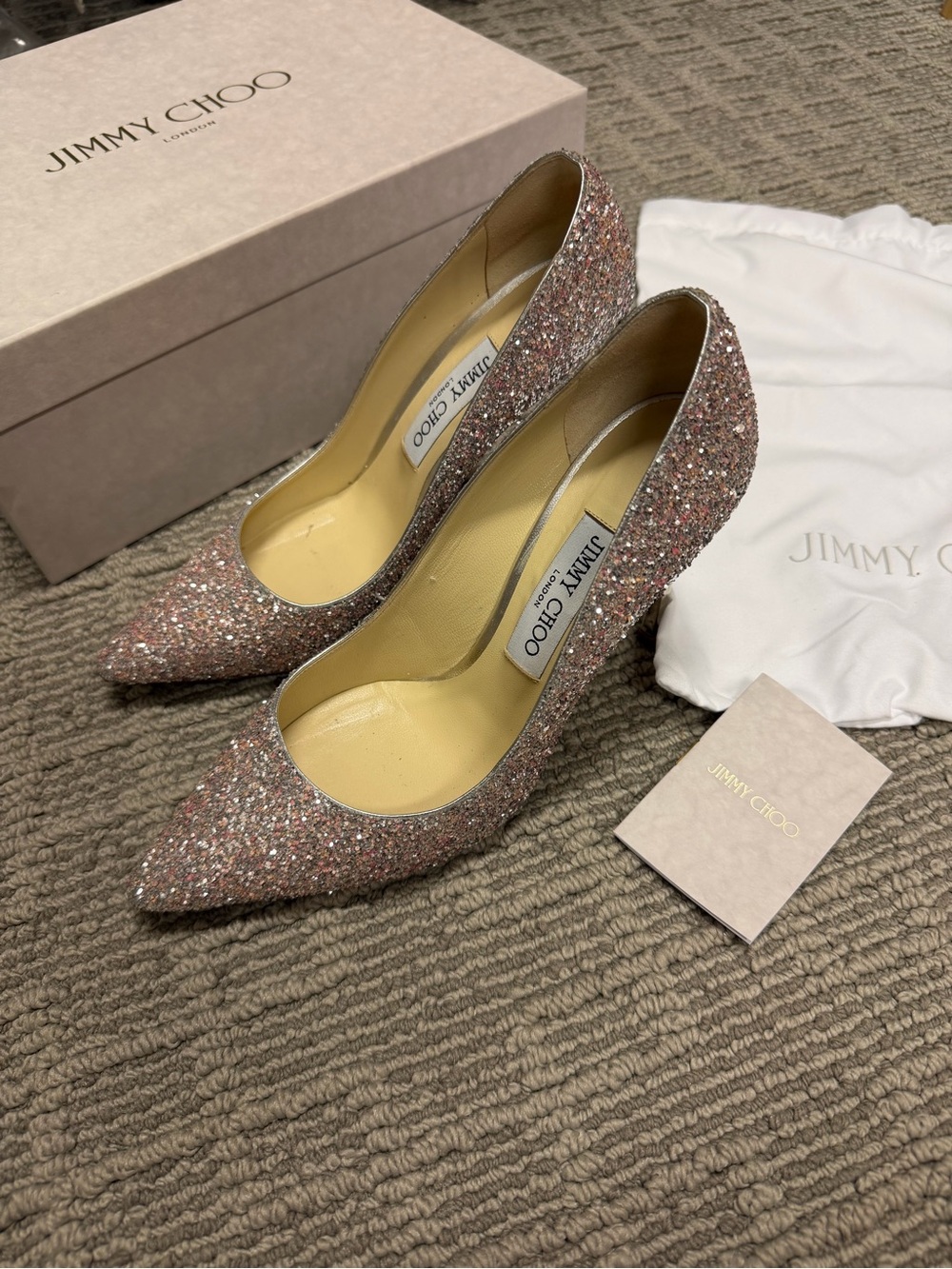 Jimmy Choo ROMY 100 Pink Glitter Pointed Pumps with Multitone Sparkle